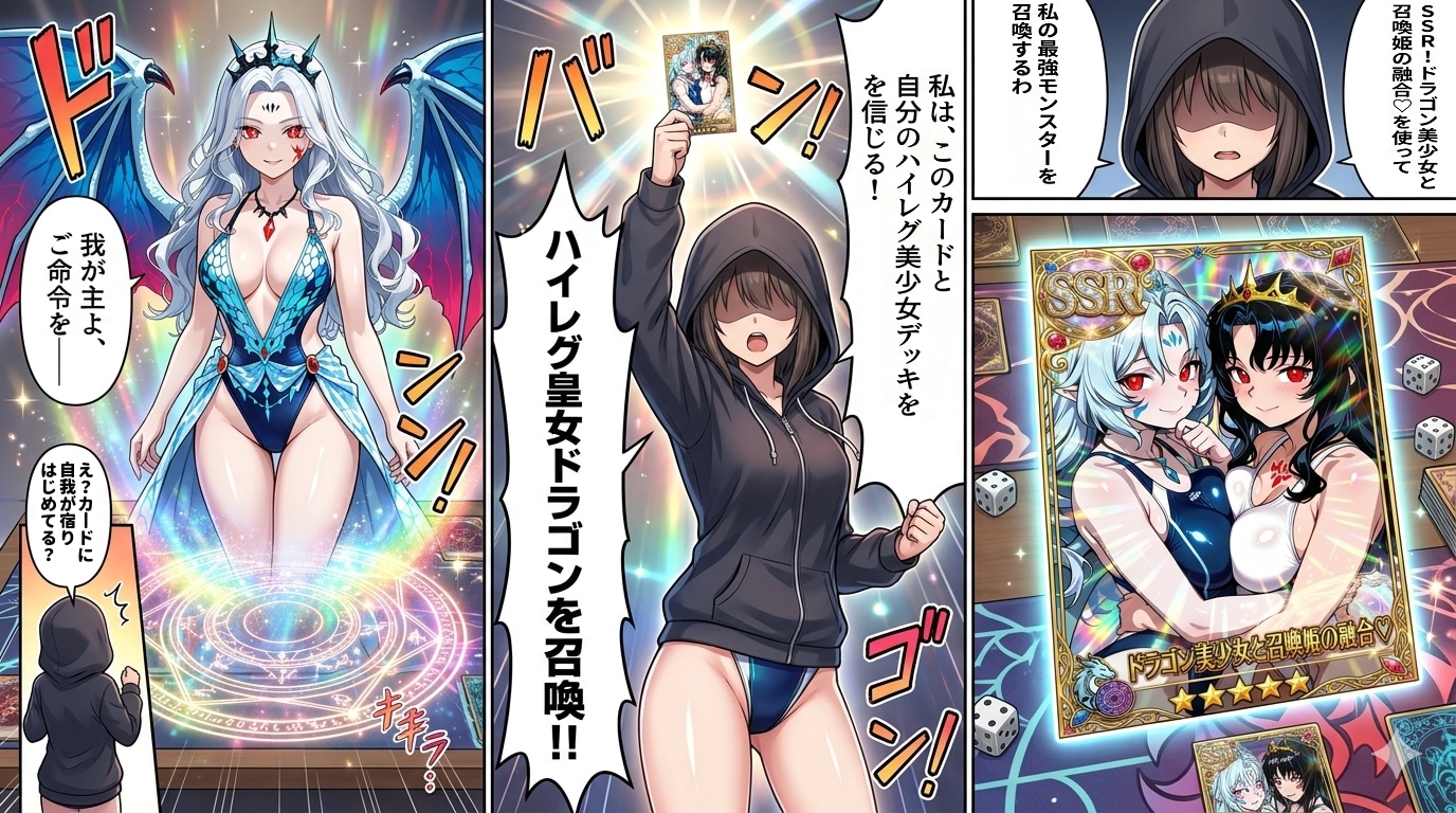 自分のレアカード（SSR）とデッキを信じ勝利を掴め！ハイレグ美少女融合召喚のカードで新たなハイレグ美少女を召喚！！ | の人気AIイラスト・グラビア