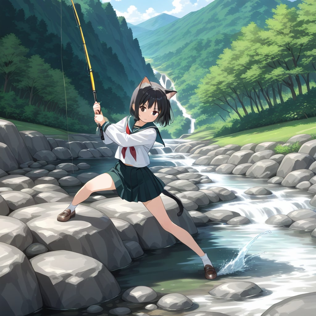 猫耳女子の魚釣り | の人気AIイラスト・グラビア