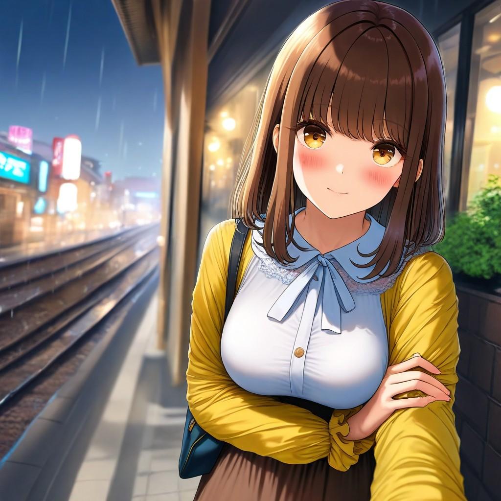 梅雨のホームで。
