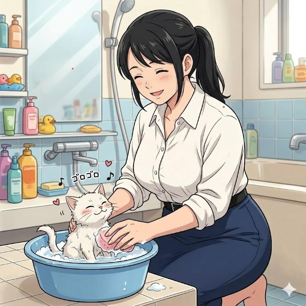 白い子猫を洗う熟女（33歳）