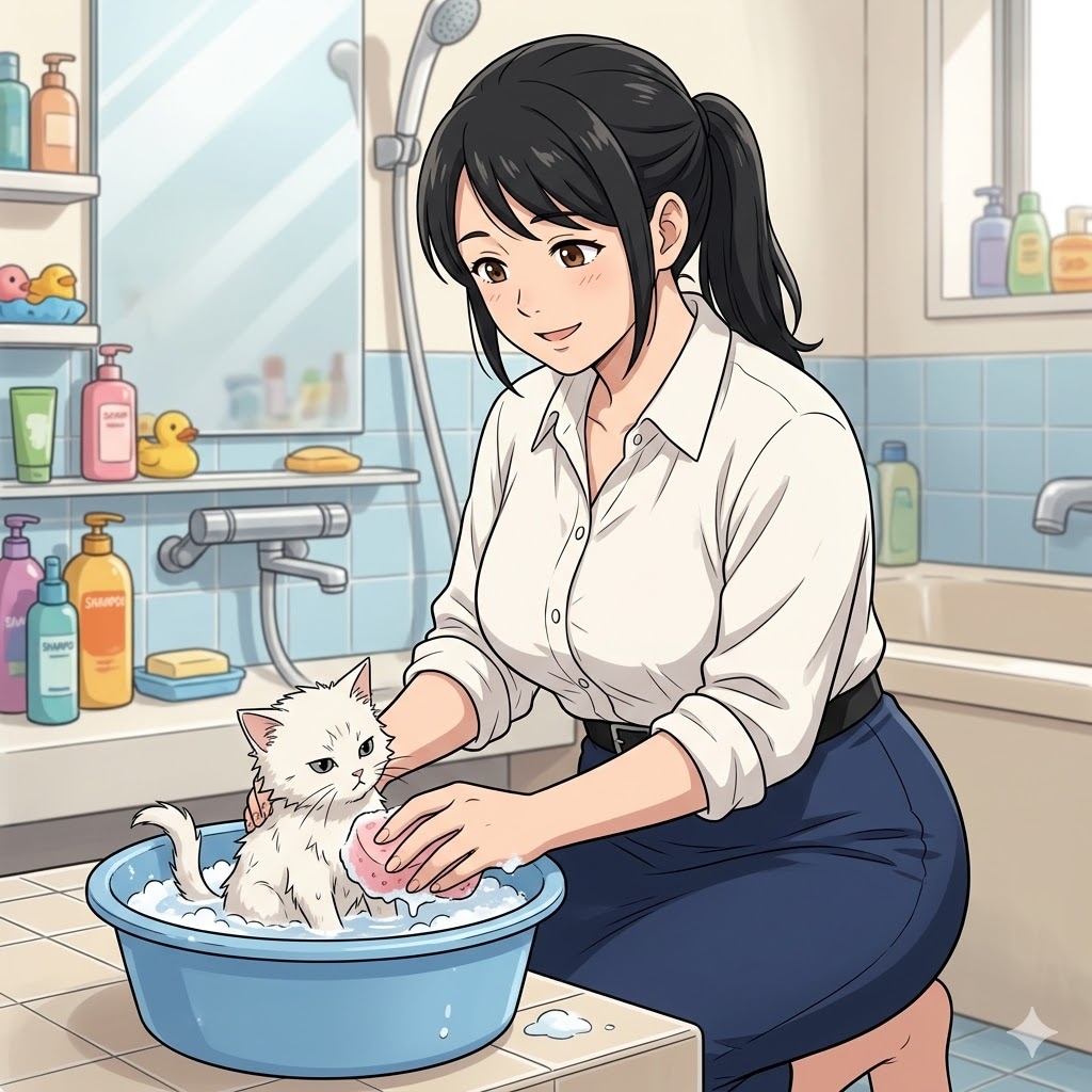 白い子猫を洗う熟女（33歳）