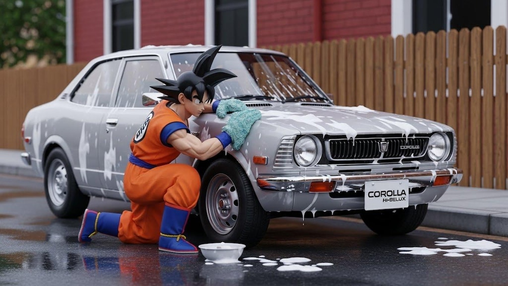 孫悟空がカローラを洗う