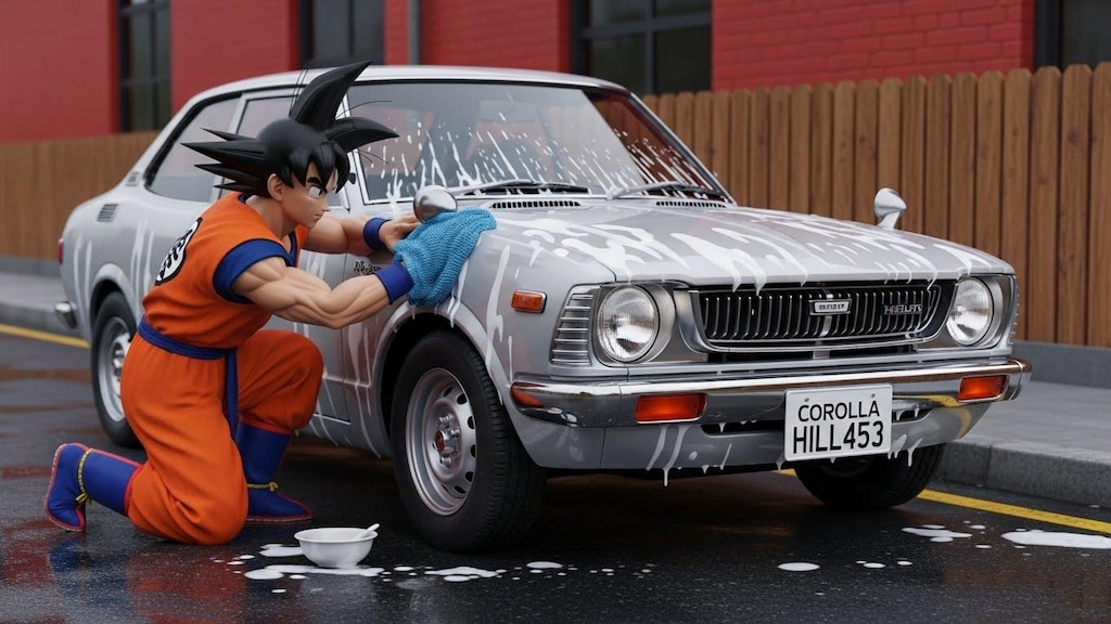 孫悟空がカローラを洗う