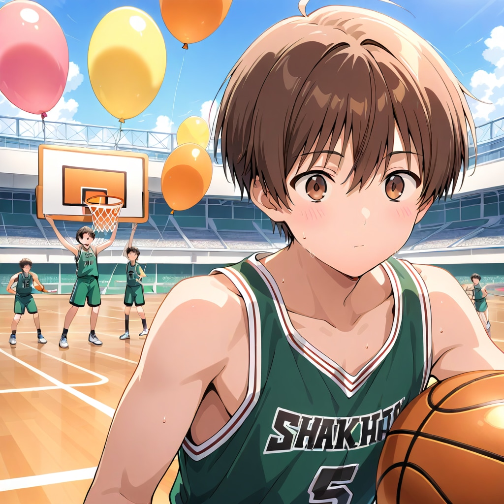 いっぱい巨大風船を持つブラウンショートカットのバスケットボール選手の美女。