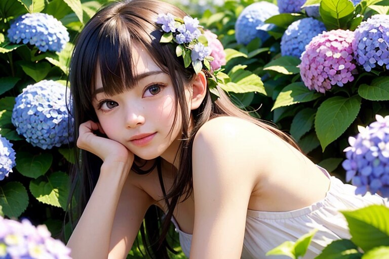 beautiful girl gravure with hydrangea