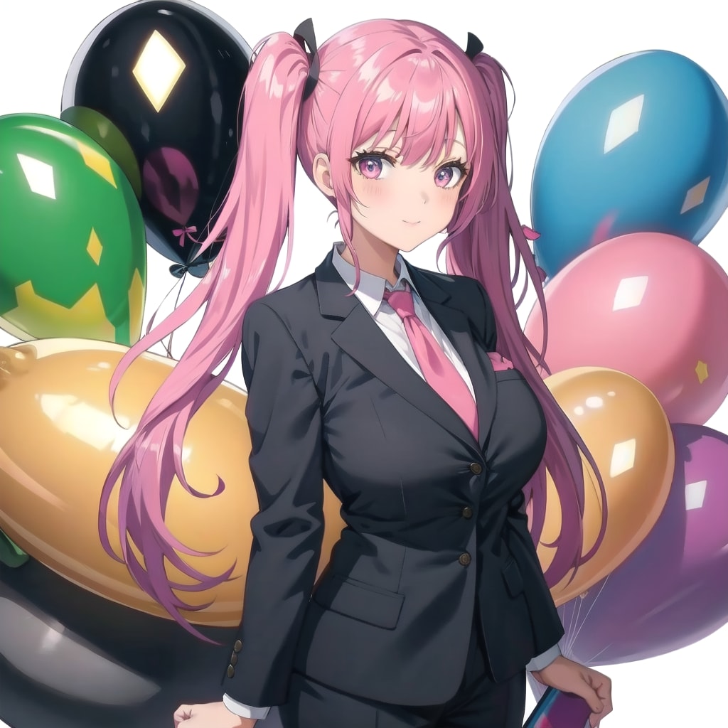いっぱい色とりどりの風船を持つピンク髪ツインテールの黒いスーツ着た美女先生 | の人気AIイラスト・グラビア