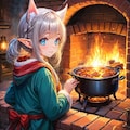 暖炉で料理をするケモ耳エルフさん 2枚目