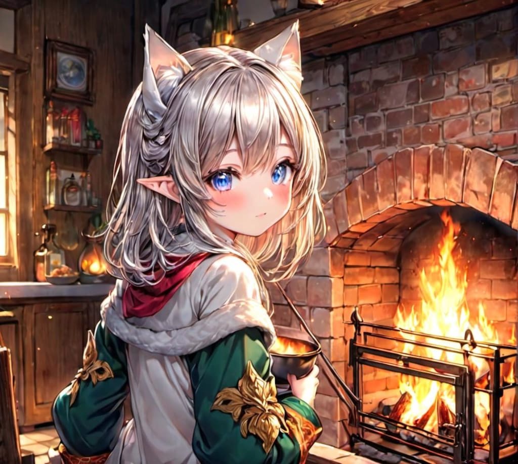 暖炉で料理をするケモ耳エルフさん