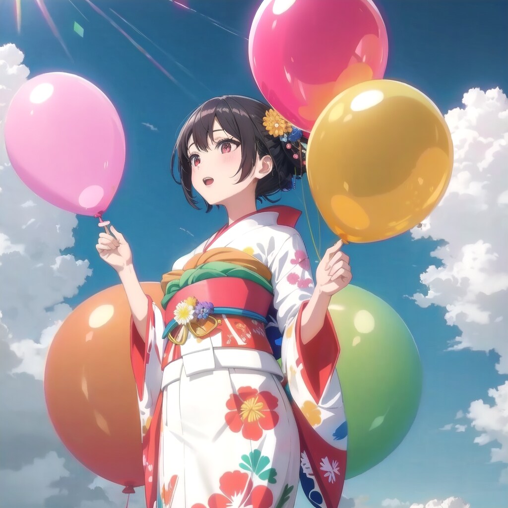 いっぱい色とりどりの風船を持つ着物着た美女。