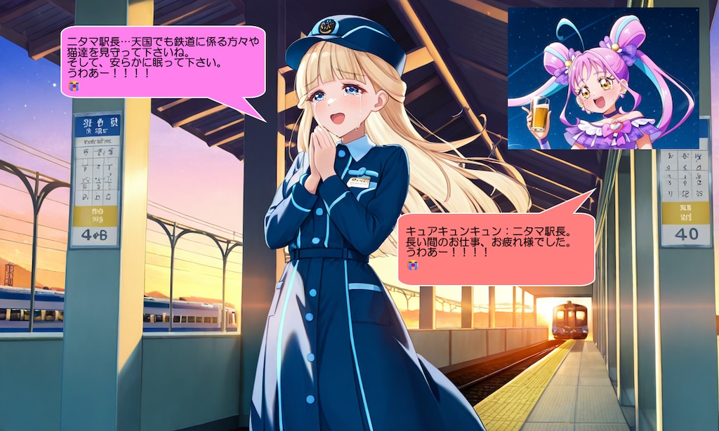 猫屋敷ユキ、駅舎にて冥福を祈る