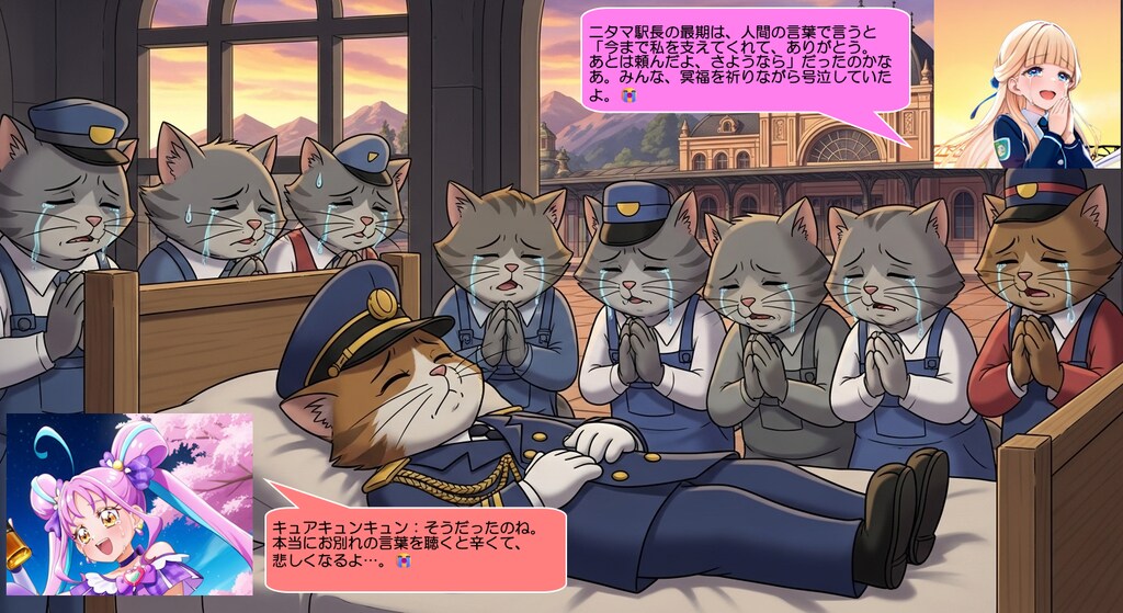 猫屋敷ユキ、駅舎にて冥福を祈る