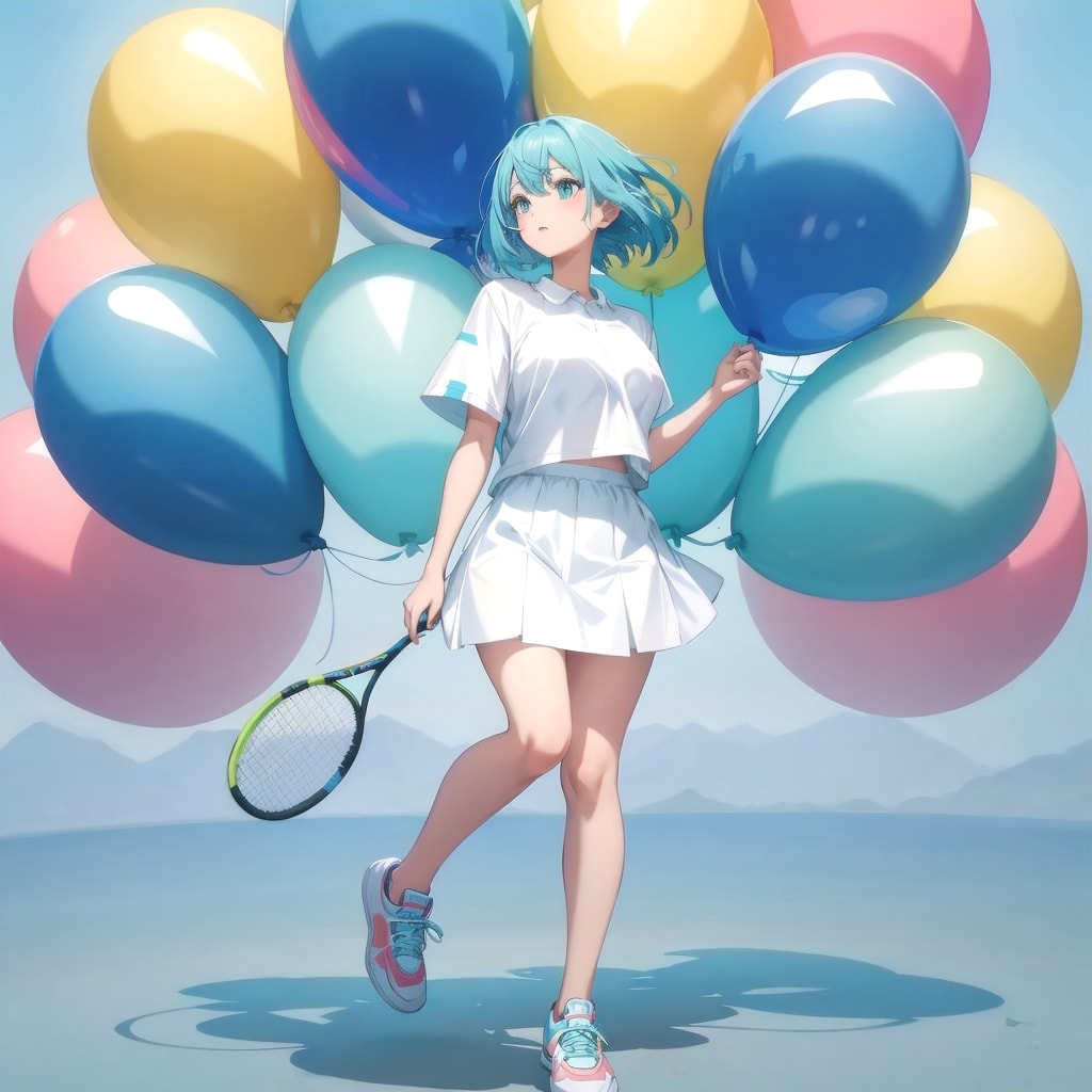 いっぱい色とりどりの巨大風船を持つ水色髪ロングのテニスウェア着た美女
