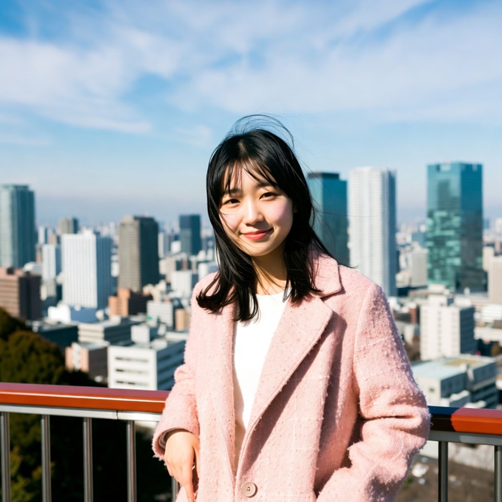春風に髪をなびかせて、都会の空の下で優しい笑顔