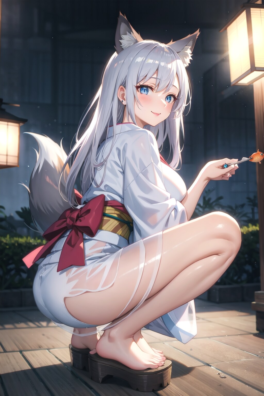 短い着物を着崩して