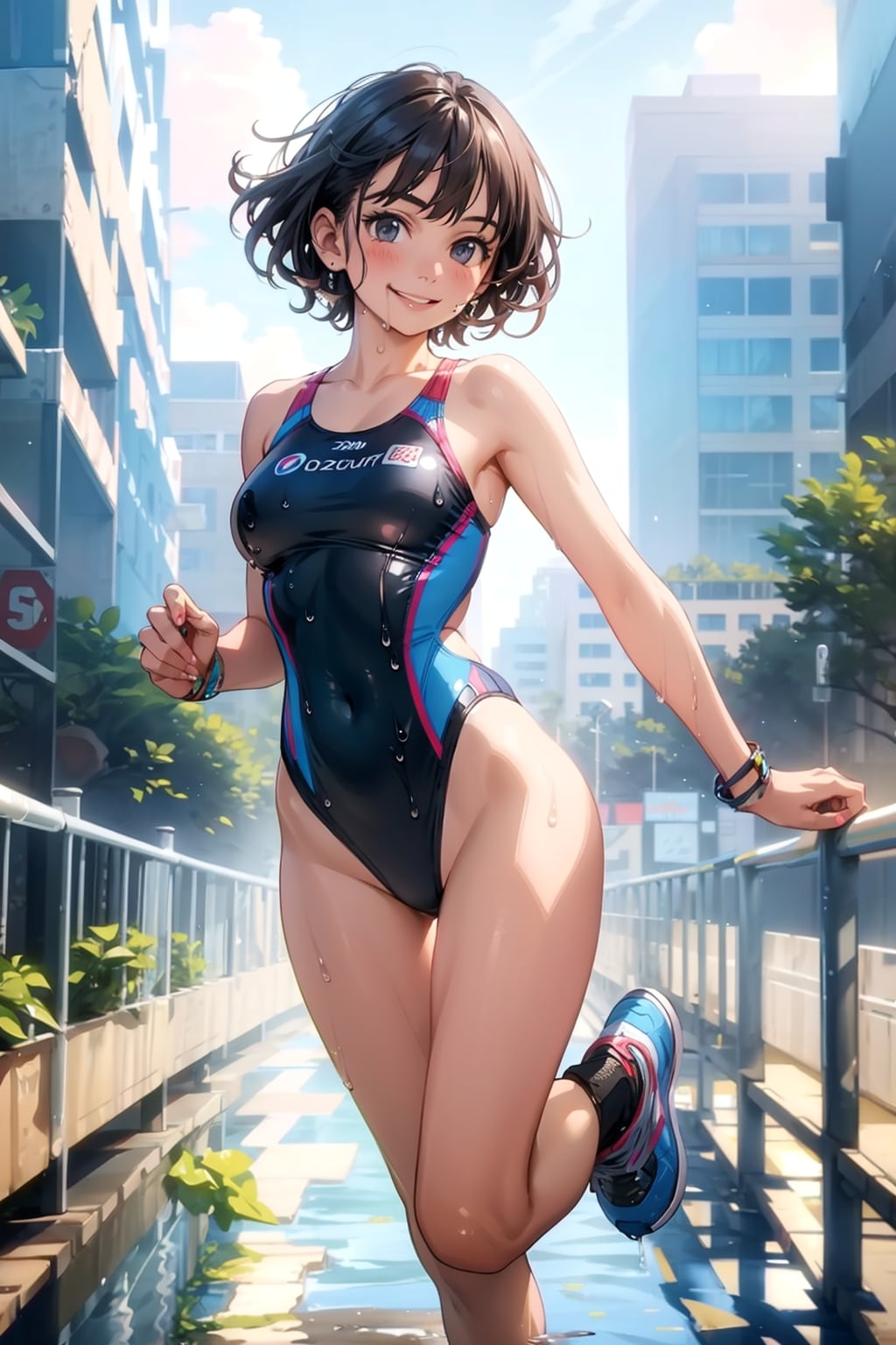 水着で都心をランニング