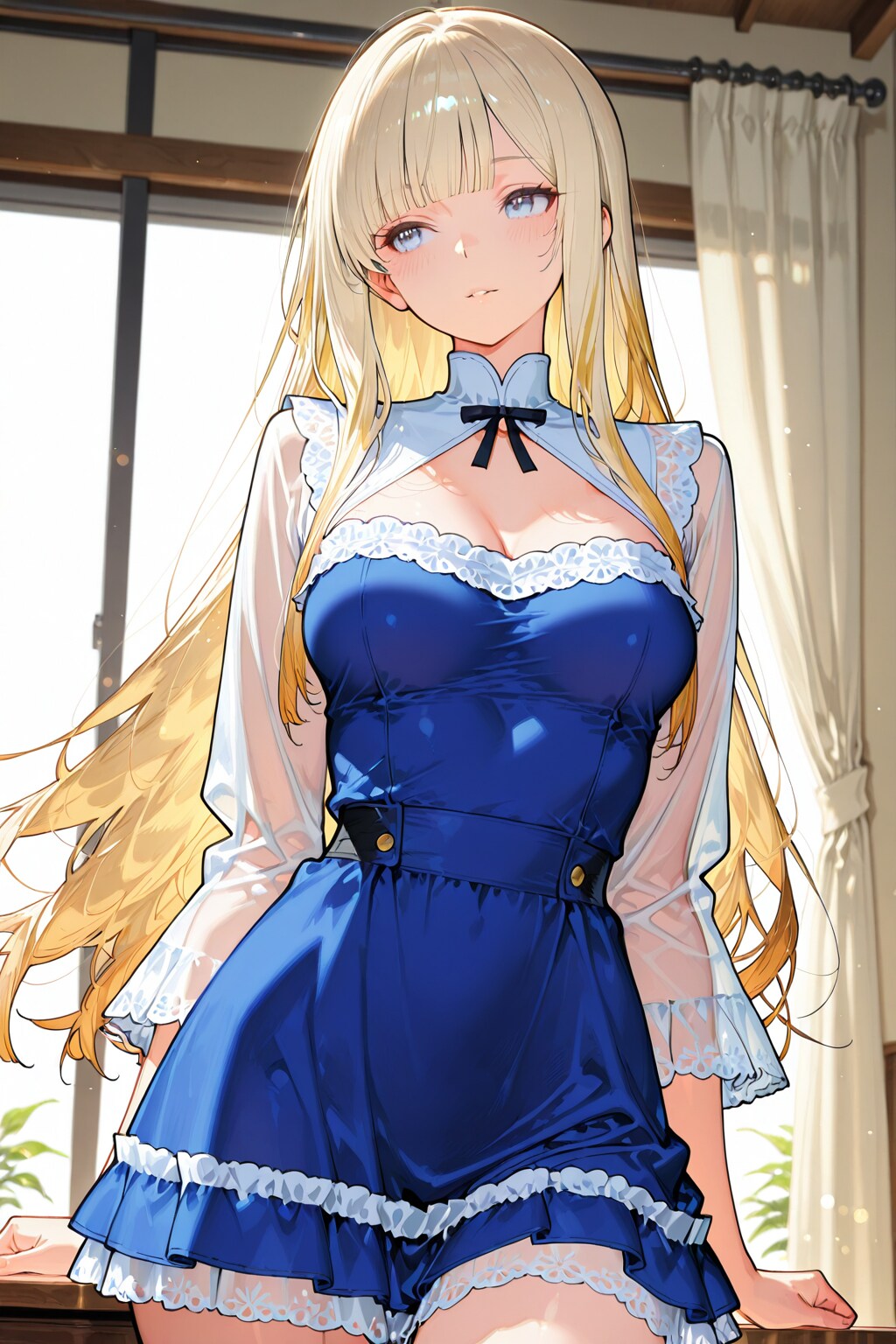 frilled tunic, closed neckline
