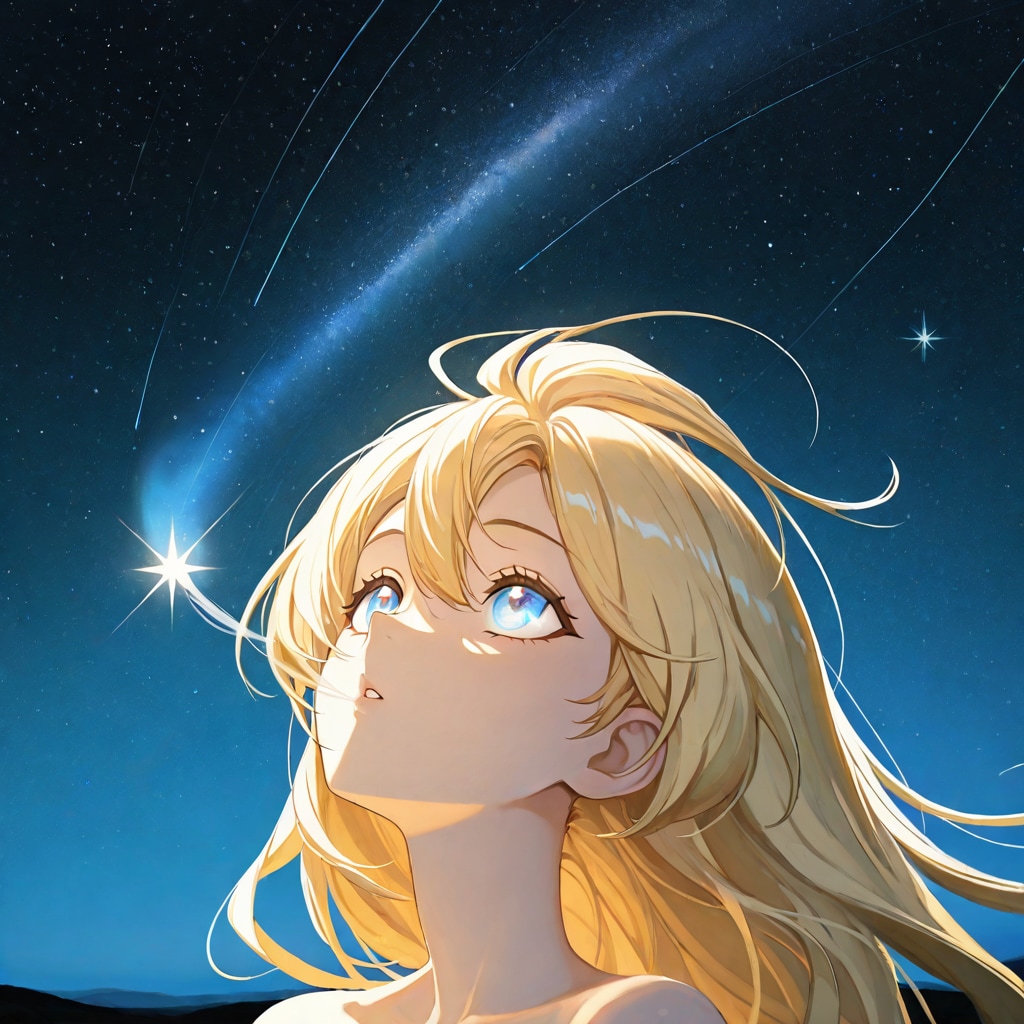 夜空を見上げるブロンド少女