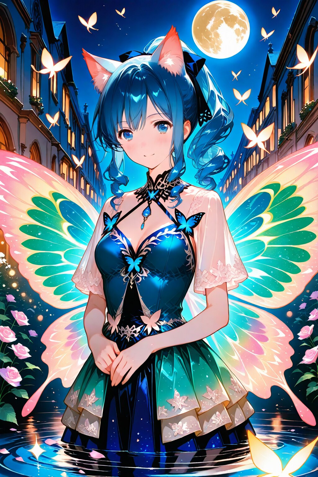 夜の蝶ネコ耳の青髪ちゃん