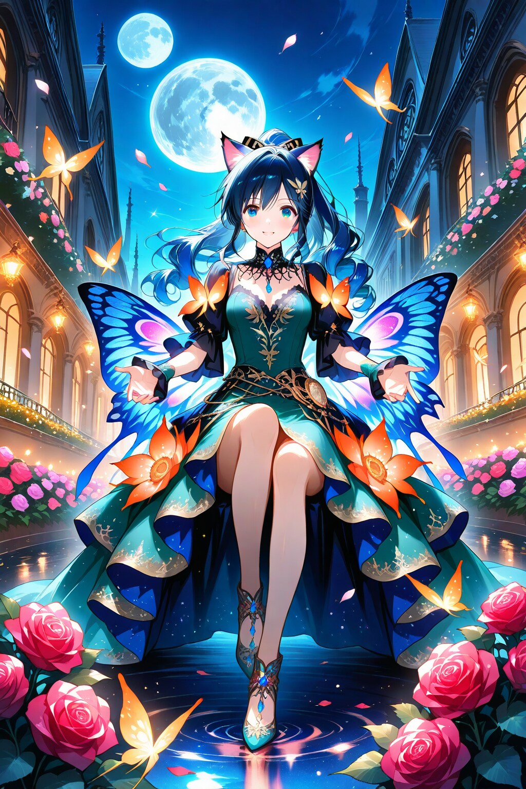 夜の蝶ネコ耳の青髪ちゃん