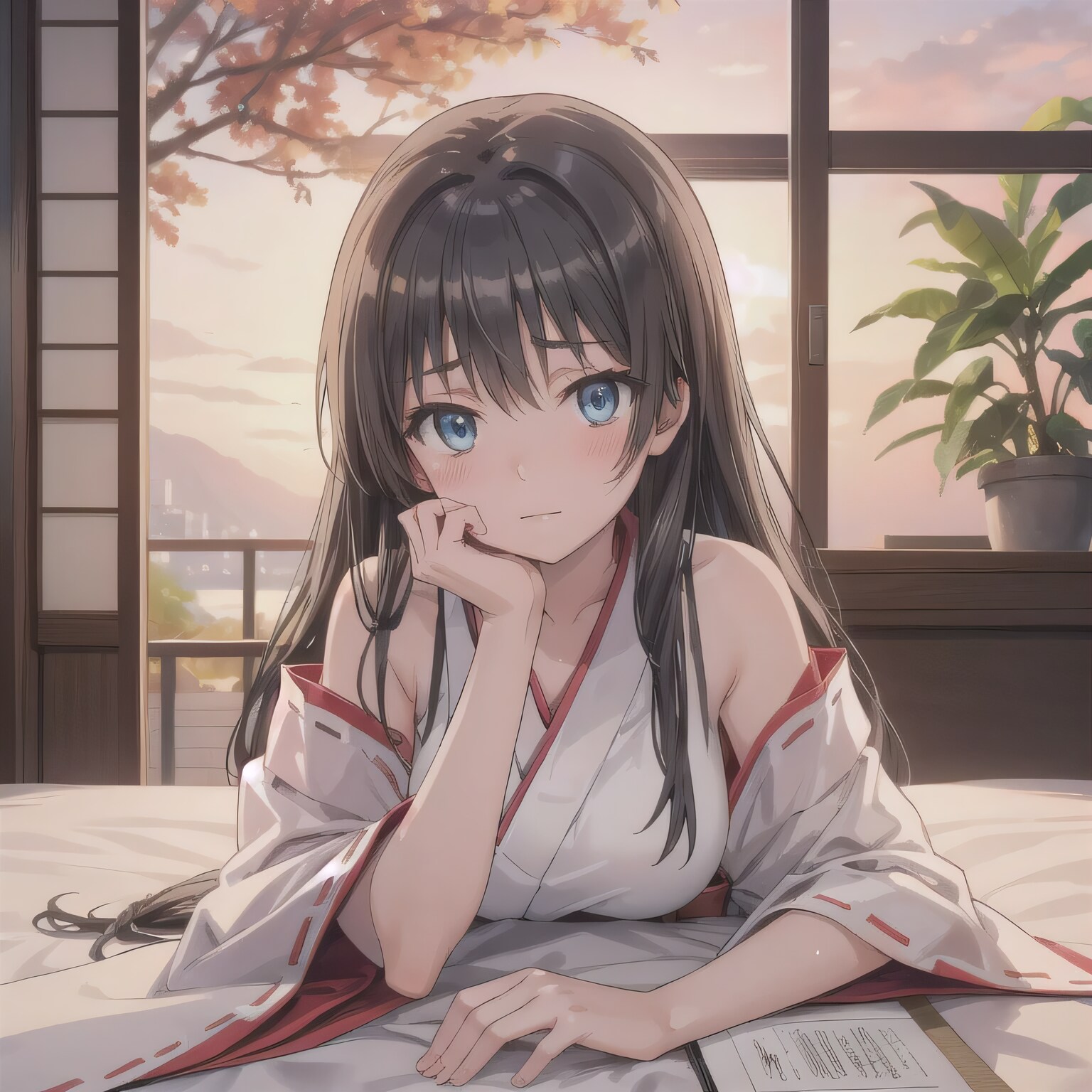 黒髪ロングで巫女服の少女７ | の人気AIイラスト・グラビア