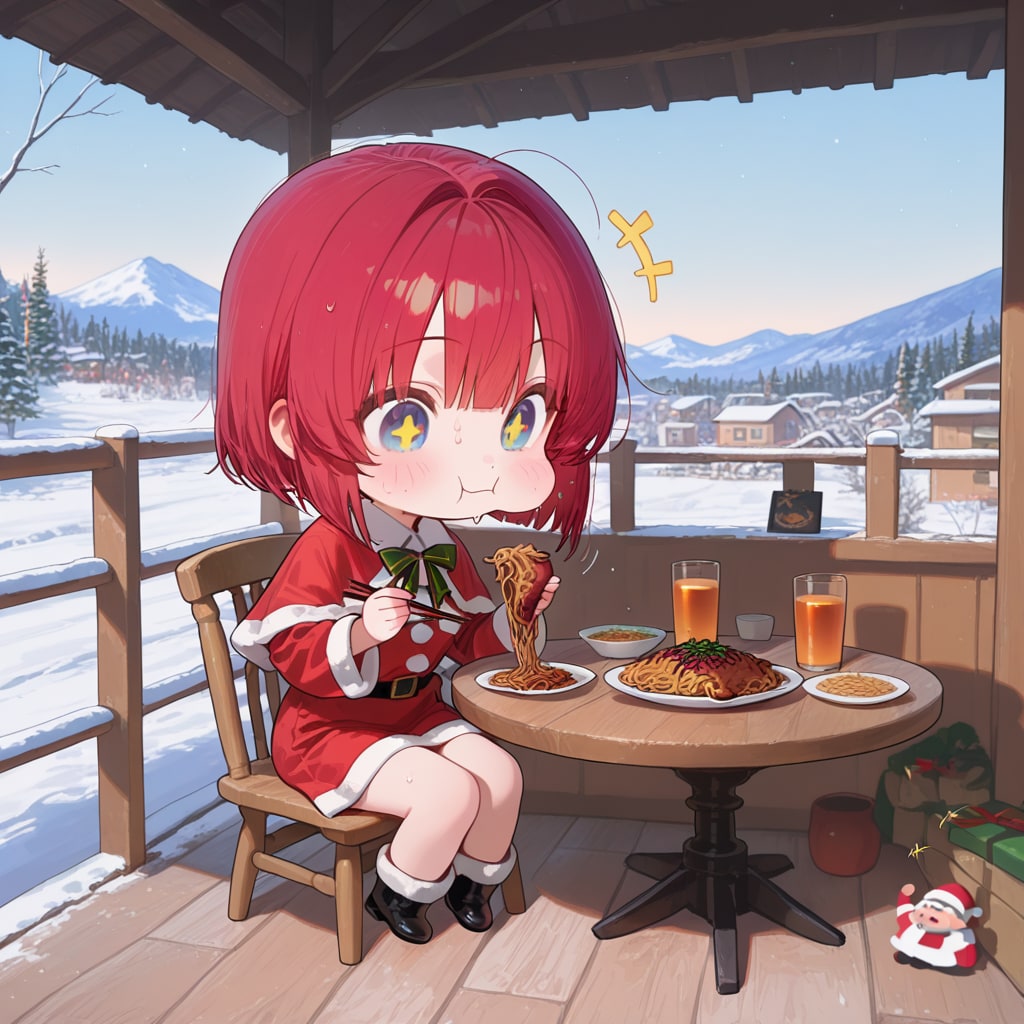 焼きそばを食べる赤髪ちゃん