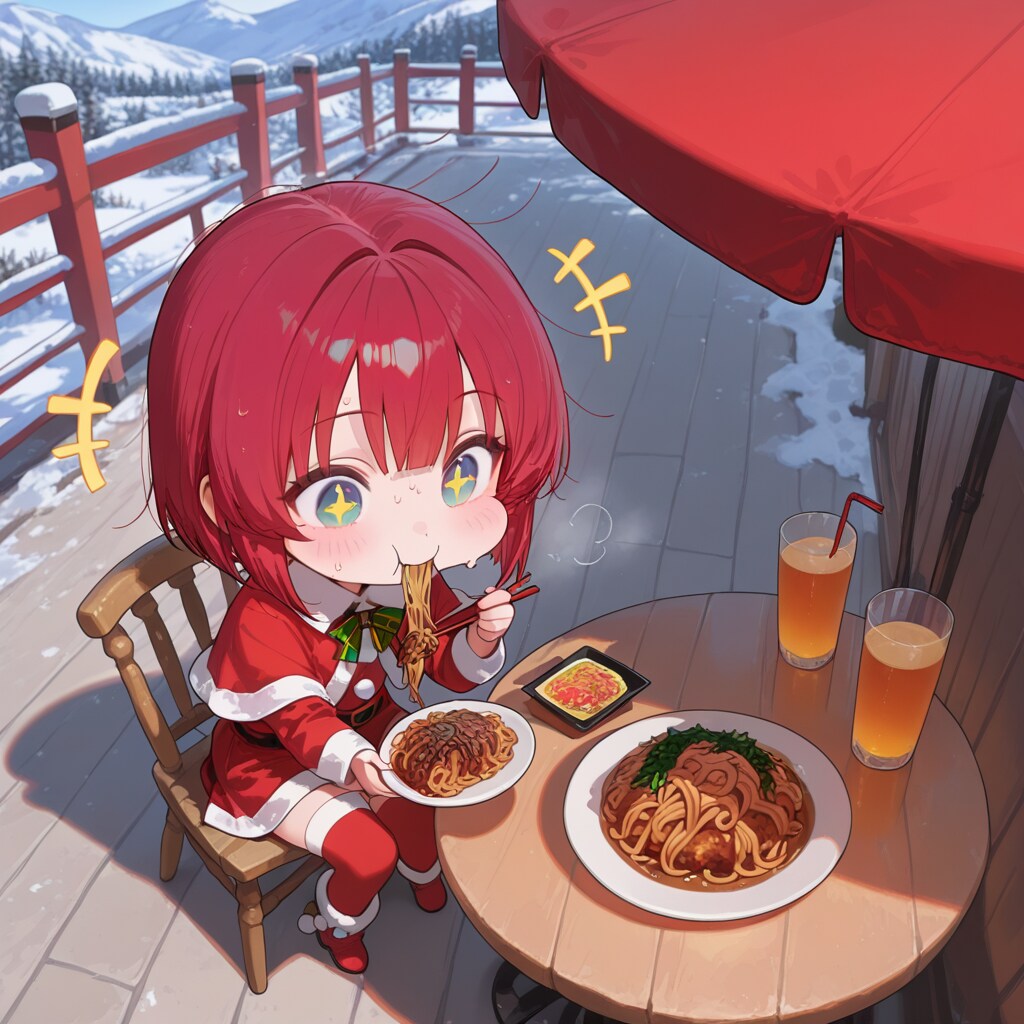 焼きそばを食べる赤髪ちゃん