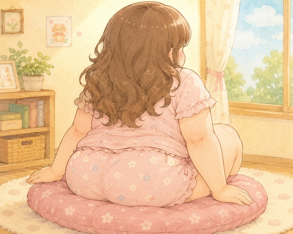 クッションに座るむちむちおねえさん