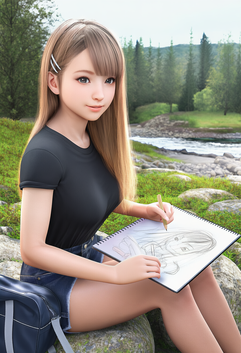 川辺でスケッチする女性