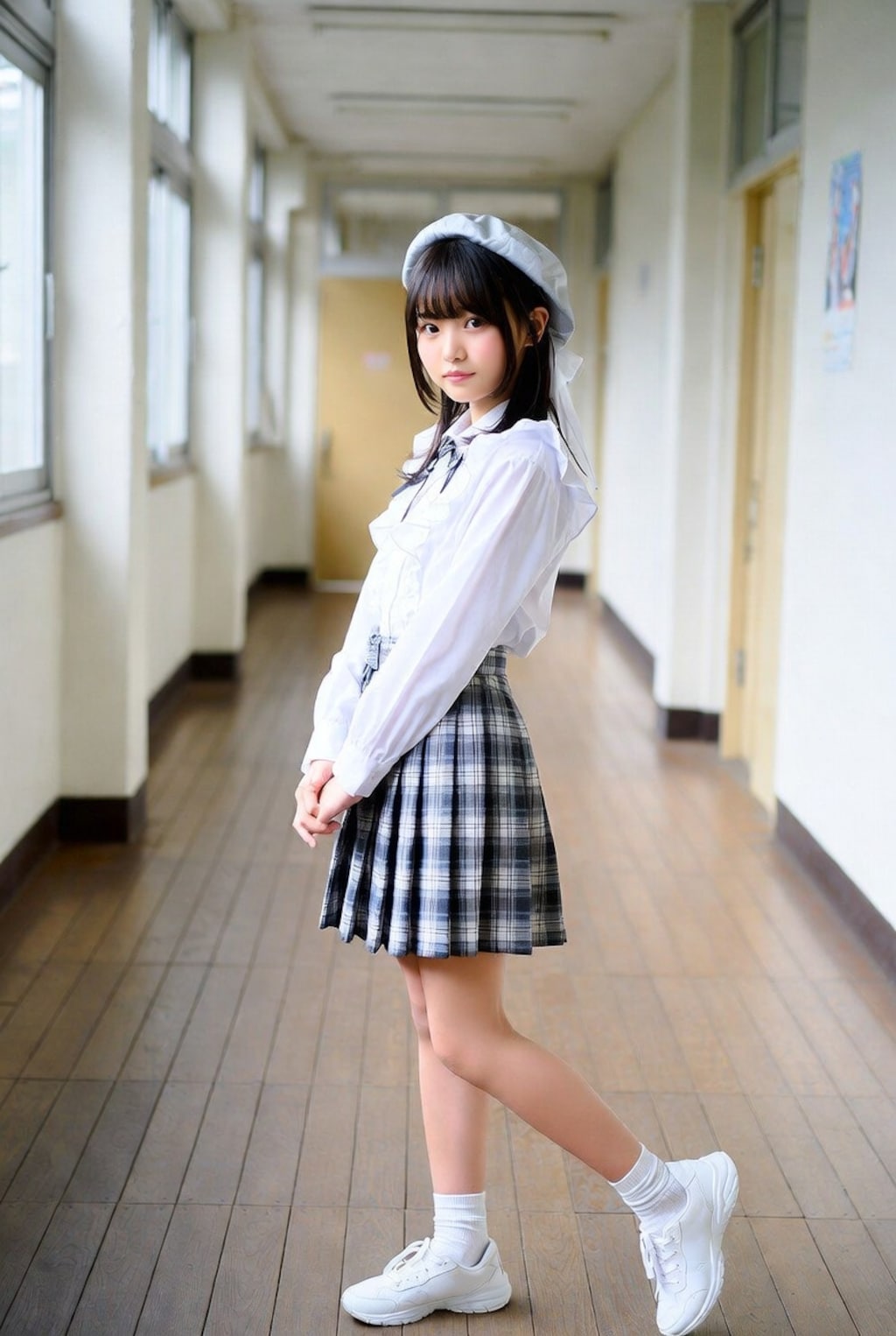 ベレー帽とプリーツスカート