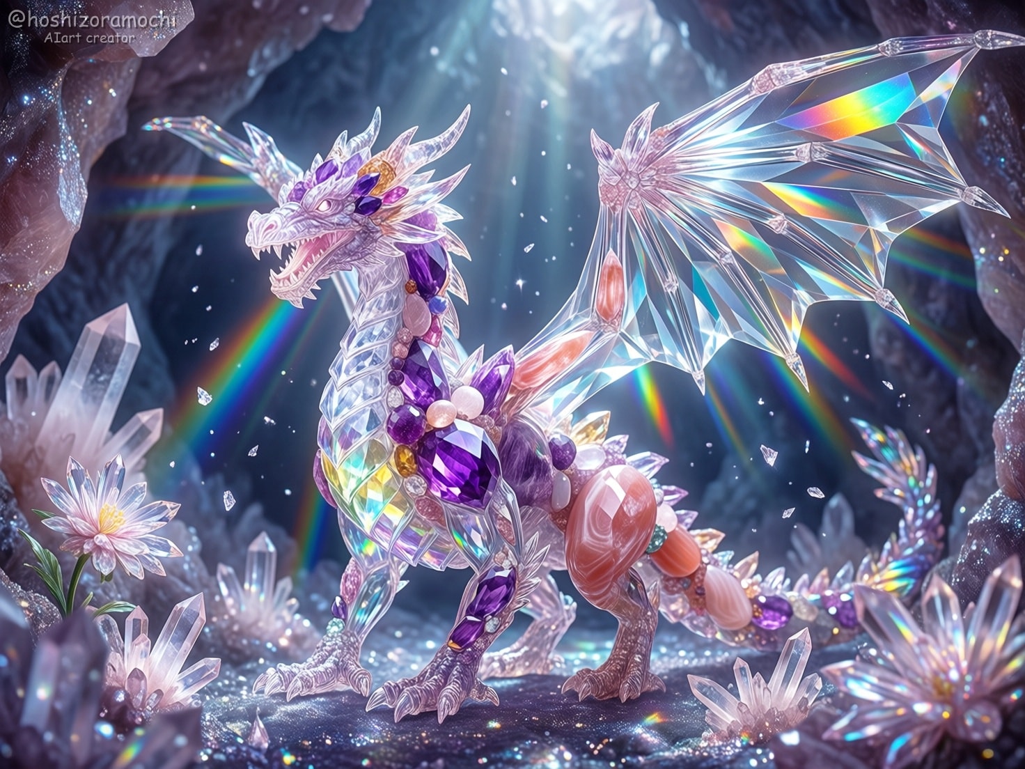プリズムの森に眠る光の結晶龍：虹彩の聖域 | の人気AIイラスト・グラビア