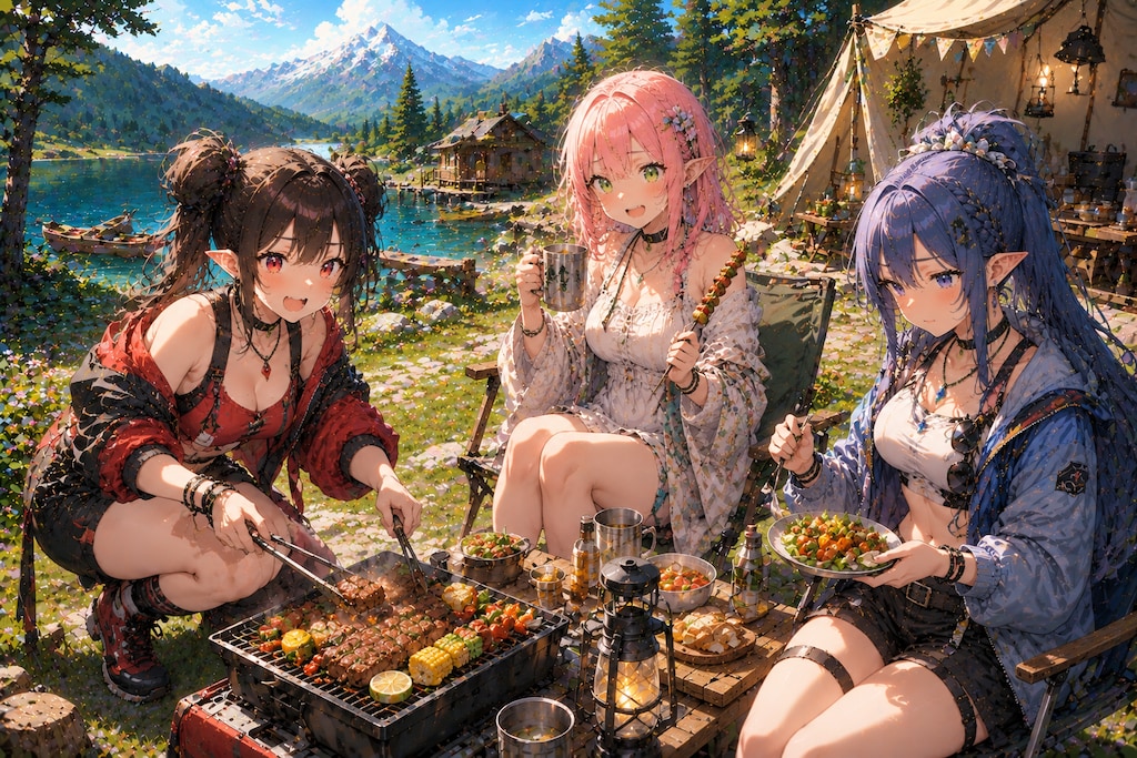 湖畔のキャンプファイアを楽しむエルフの女の子達