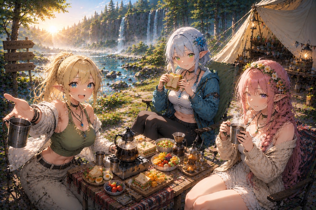 湖畔のキャンプファイアを楽しむエルフの女の子達