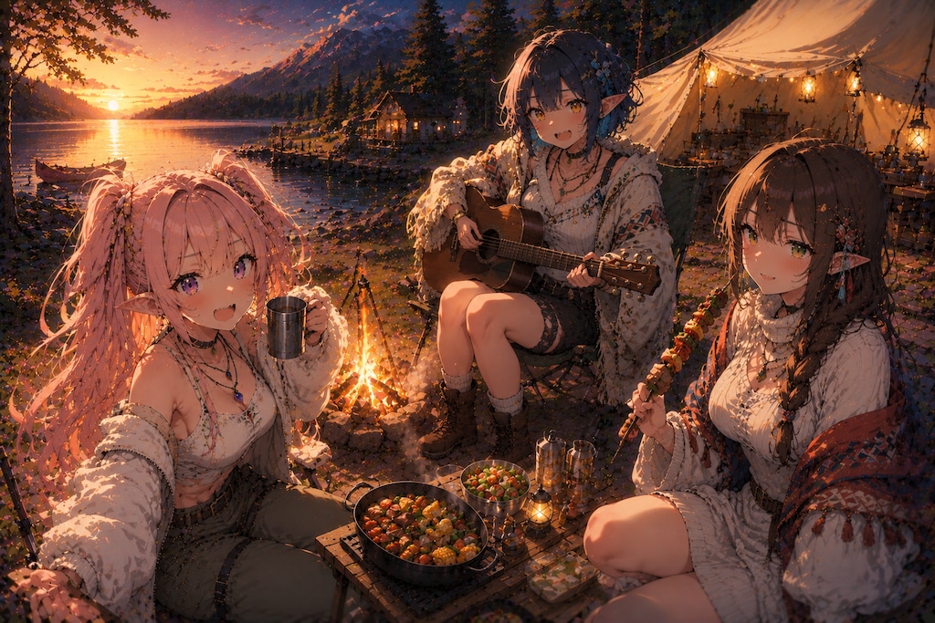 湖畔のキャンプファイアを楽しむエルフの女の子達