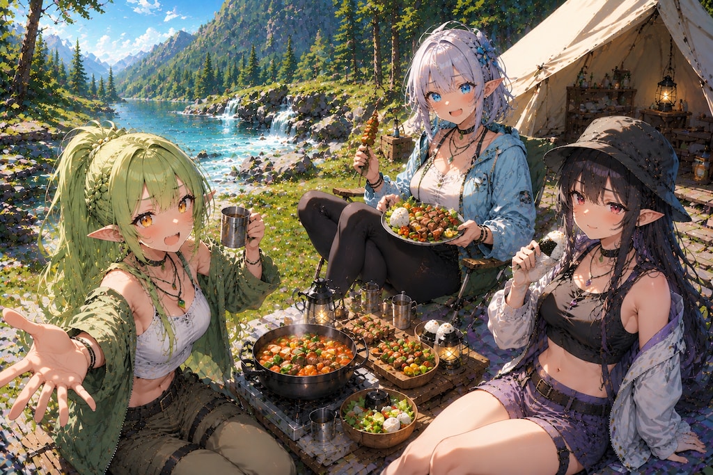 湖畔のキャンプファイアを楽しむエルフの女の子達