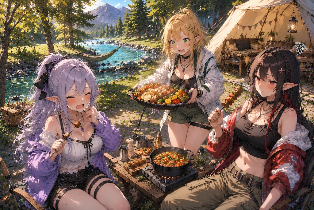 湖畔のキャンプファイアを楽しむエルフの女の子達