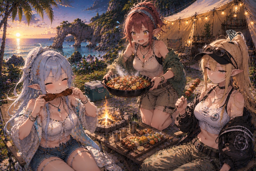 湖畔のキャンプファイアを楽しむエルフの女の子達