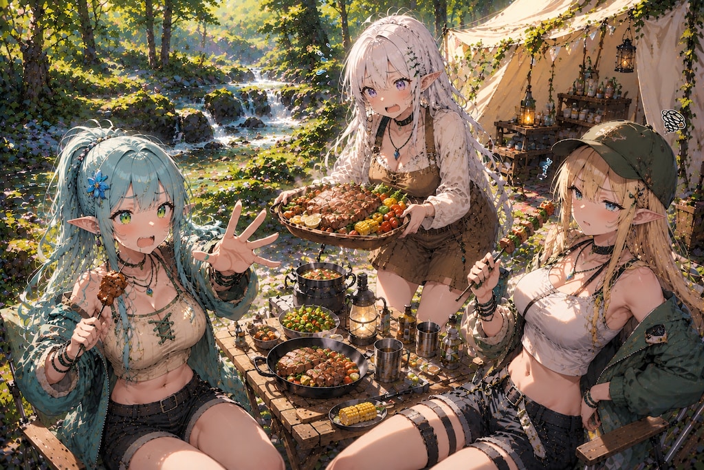 湖畔のキャンプファイアを楽しむエルフの女の子達