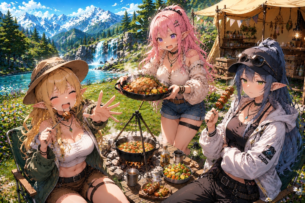 湖畔のキャンプファイアを楽しむエルフの女の子達