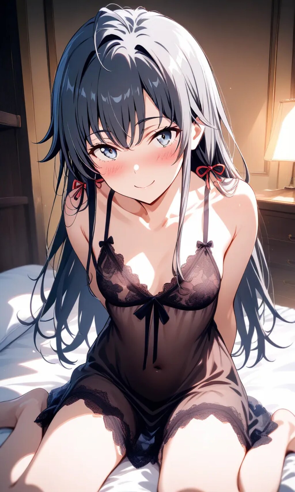 ネグリジェ🌃👗姿でベッド🛌に座る雪ノ下雪乃❄👩‍🎓