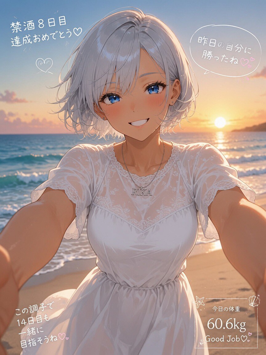 禁酒8日目を夕暮れの浜辺で祝う専属トレーナー(ギャル妻)
