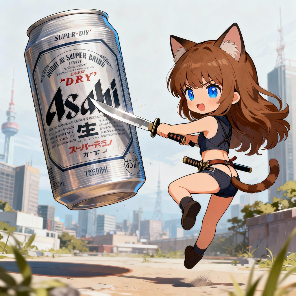 刀でビール缶を切ろうとしている小さな女の子