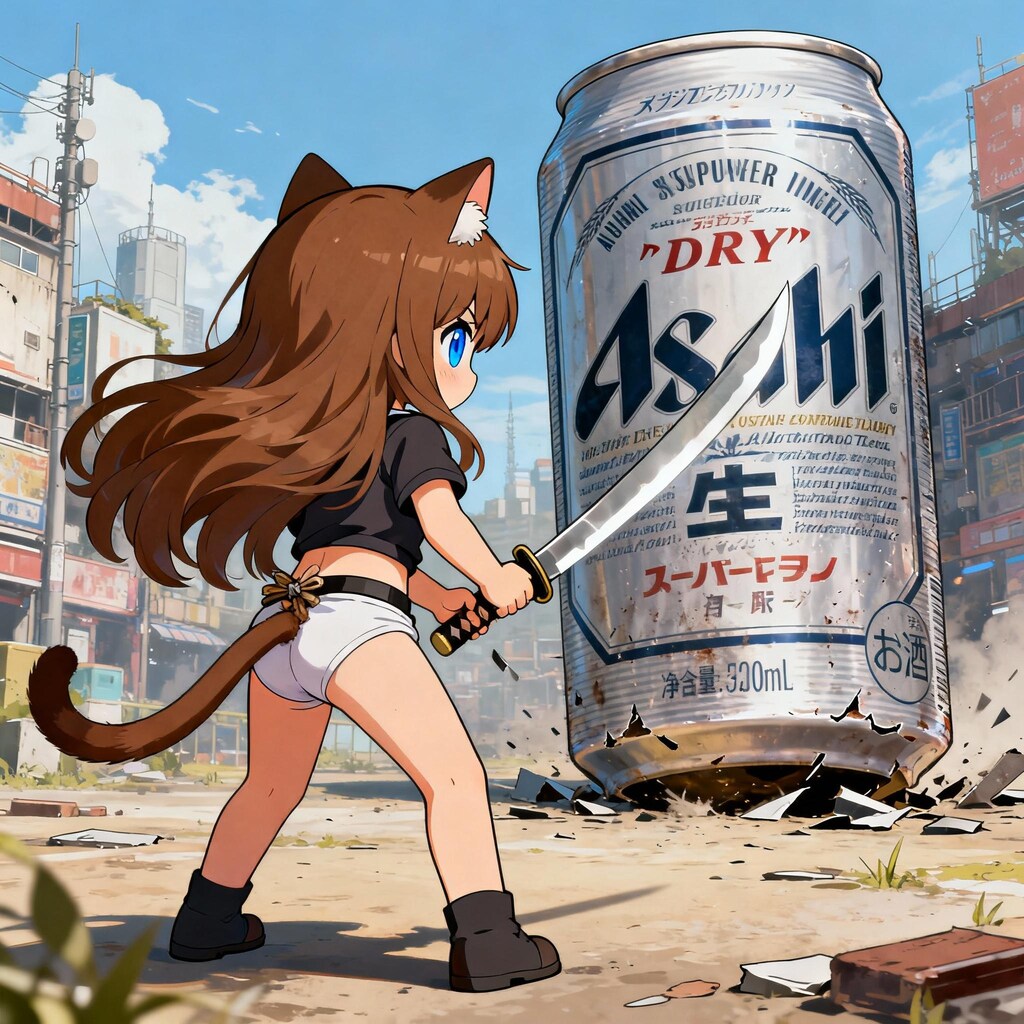 刀でビール缶を切ろうとしている小さな女の子