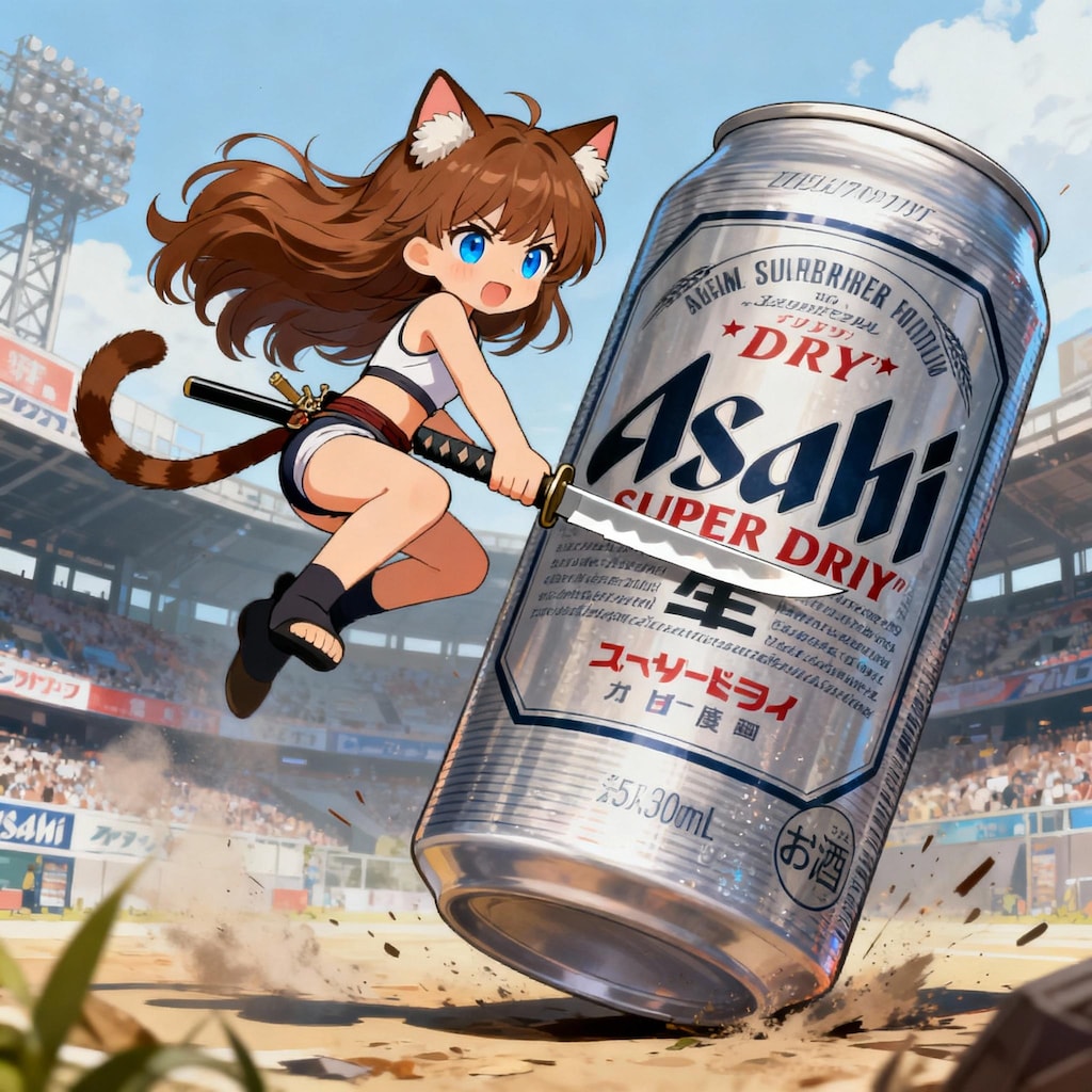 刀でビール缶を切ろうとしている小さな女の子