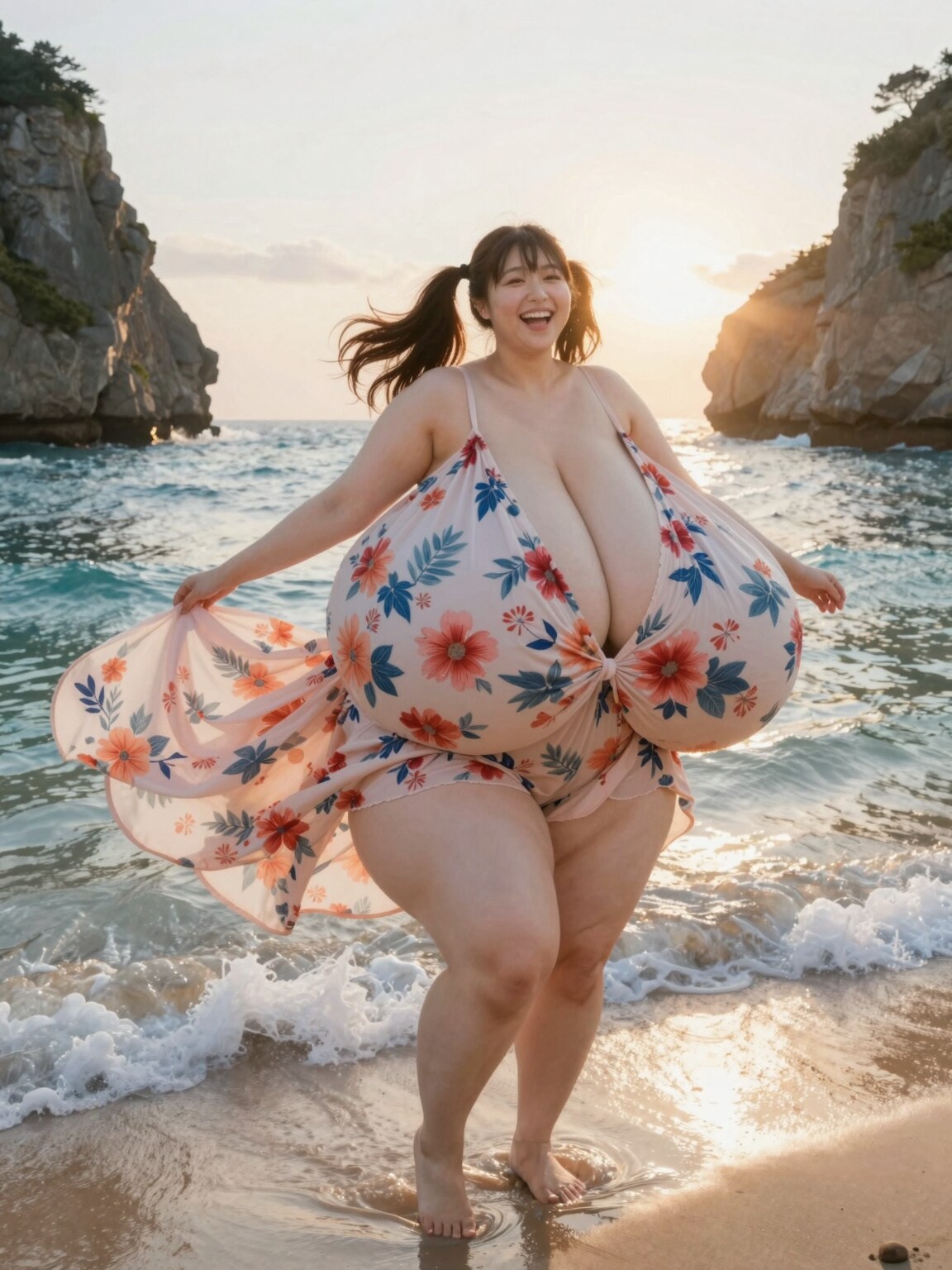 夕日と豊満な彼女