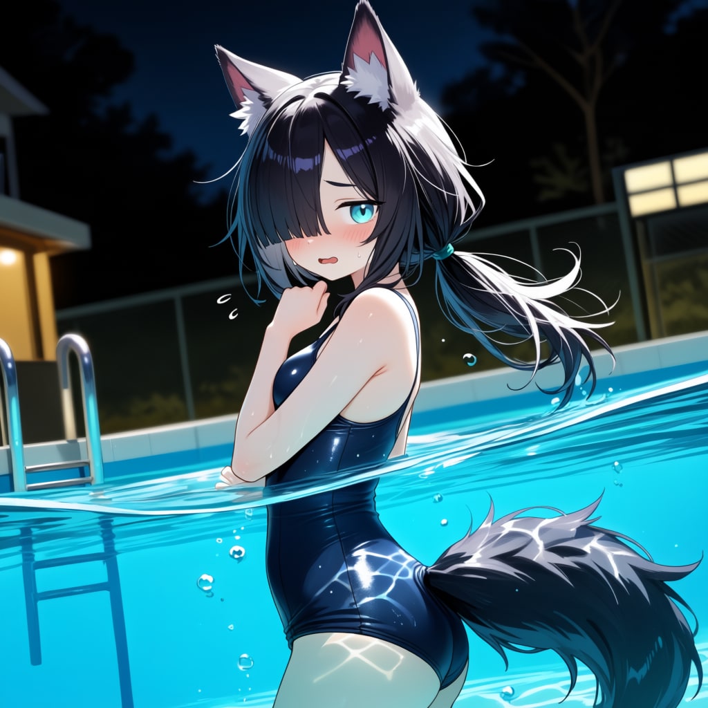 夜のプールで