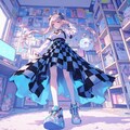 オタク女子の部屋に揺れるチェック柄ロングスカート：ローアングルファッションイラスト 4枚目