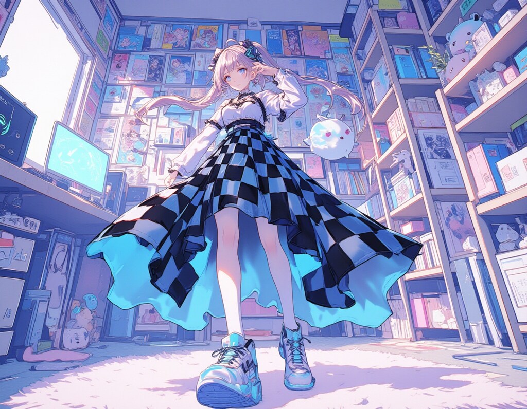 オタク女子の部屋に揺れるチェック柄ロングスカート：ローアングルファッションイラスト
