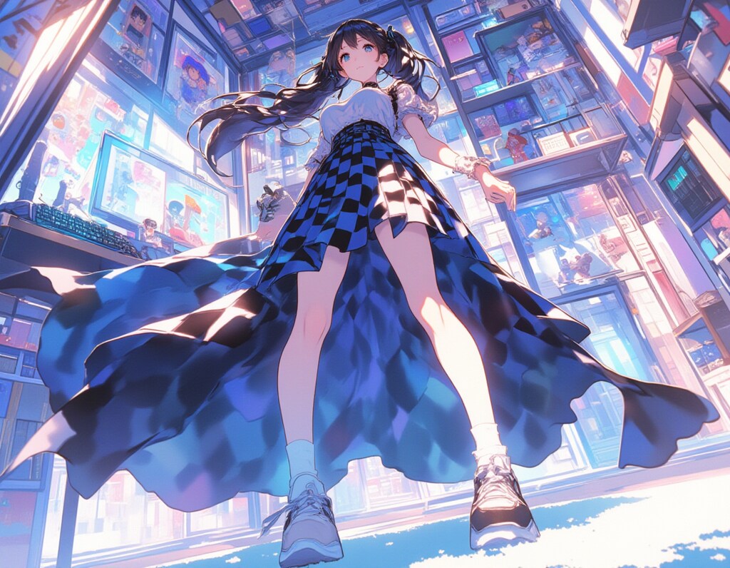 オタク女子の部屋に揺れるチェック柄ロングスカート：ローアングルファッションイラスト