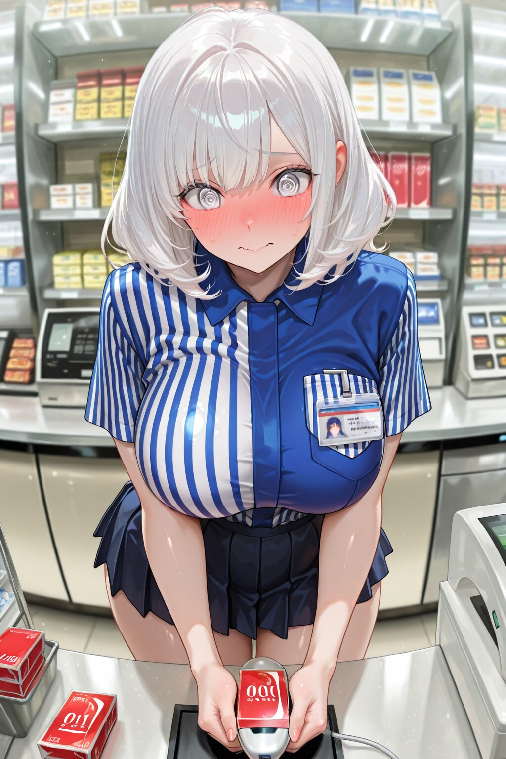 レジ打ちしてたらアレを出されて真っ赤になる真っ白お姉さん
