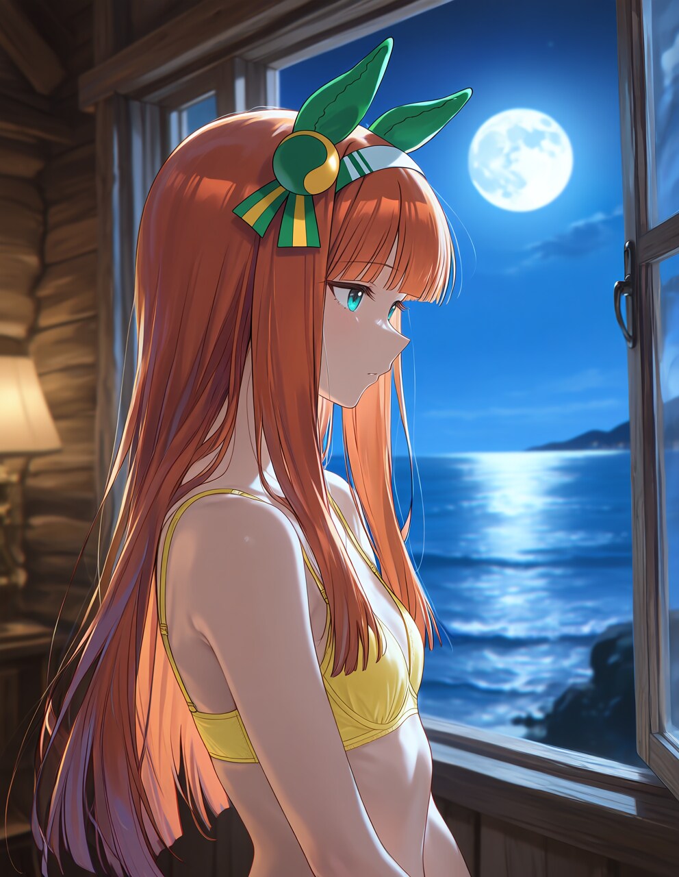 下着姿のスズカさんと夜の海(PixAI版リメイク)
